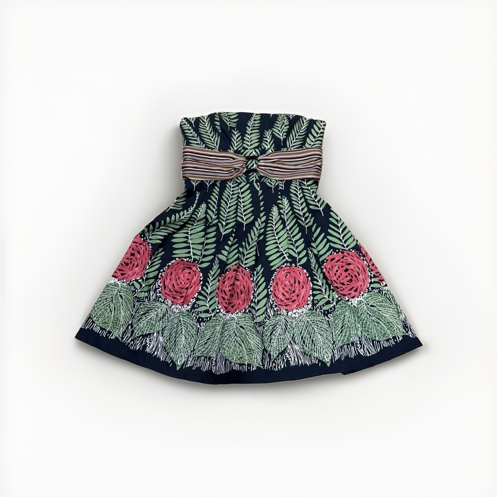 Kay Unger Pleated Strapless Dress 14 Black Tropical Belted Boning Silk Blend